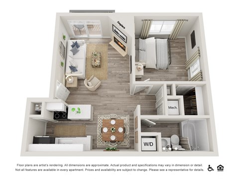 Floor plan for 1 bed, 1 bath, 630 sqft